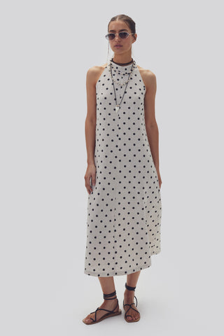 Olivia Linen Dress Natural and Black Polka Dots