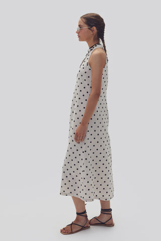 Olivia Linen Dress Natural and Black Polka Dots