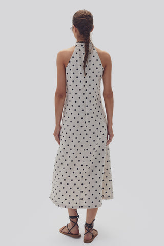 Olivia Linen Dress Natural and Black Polka Dots