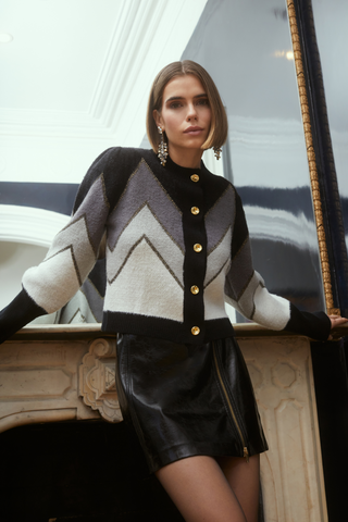 Fuzzy Chevron Cardigan Grey Multi