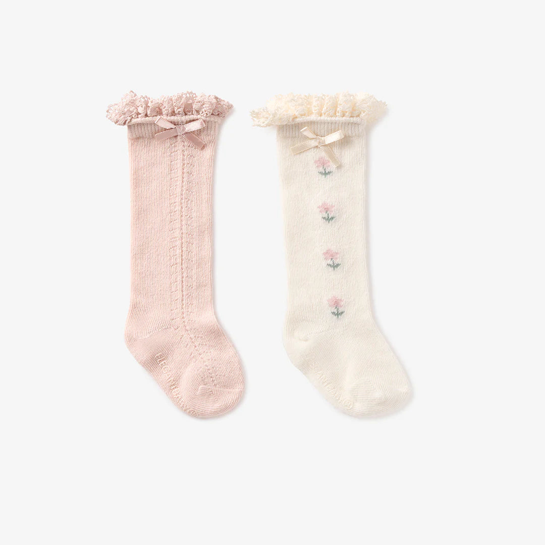 Elegant Baby Floral Knee-High Non Slip Baby Socks 2 Pack