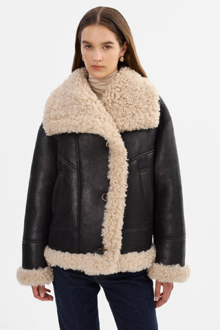 Demi Faux Shearling Coat Black & Beige