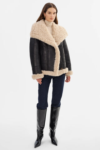 Demi Faux Shearling Coat Black & Beige
