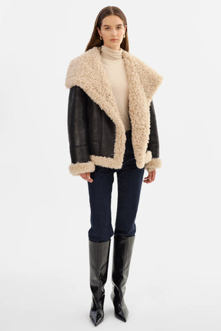 Demi Faux Shearling Coat Black & Beige