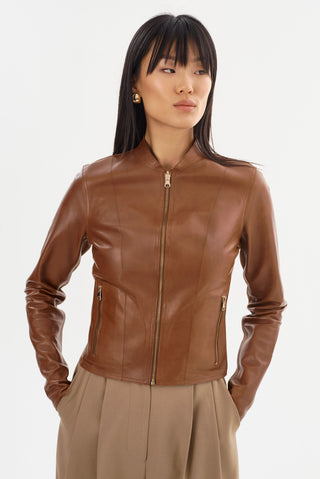 Chapin Reversible Leather Bomber Jacket Luggage Gold