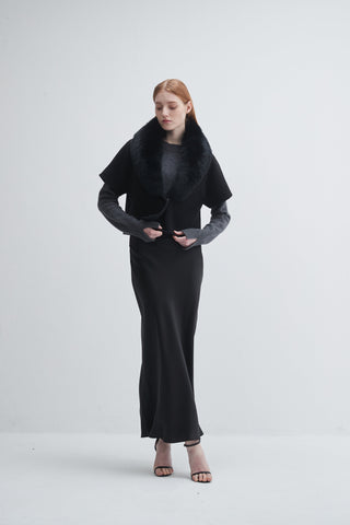 Short Sleeve Jacket With Fur Collar Black