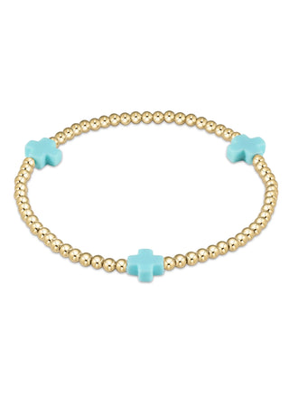 Signature Cross Gold 3mm Bead Bracelet Turquoise