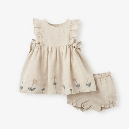 Elegnt Baby Natural Linen Floral Embroidered Dress With Bloomers