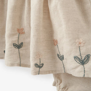 Natural Linen Floral Embroidered Dress With Bloomers