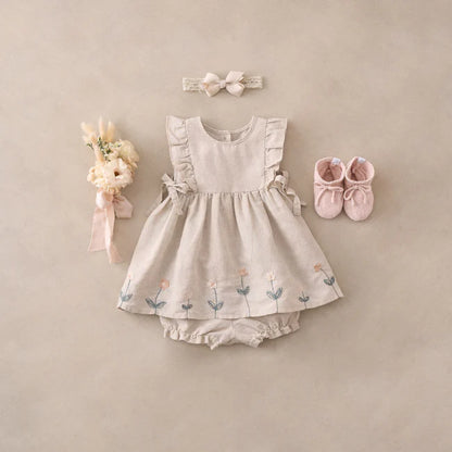 Elegnt Baby Natural Linen Floral Embroidered Dress With Bloomers