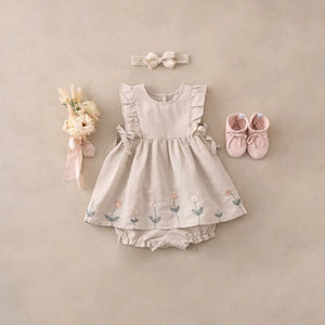 Natural Linen Floral Embroidered Dress With Bloomers