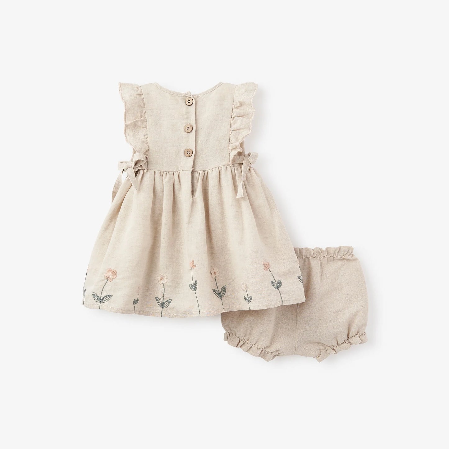 Elegnt Baby Natural Linen Floral Embroidered Dress With Bloomers