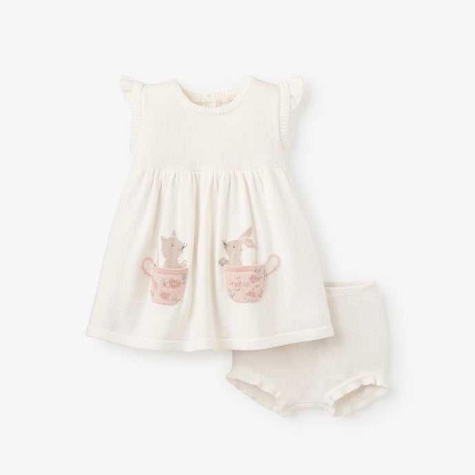 Tea Party Flutter Sleeve Knit Dress With Bloomers
