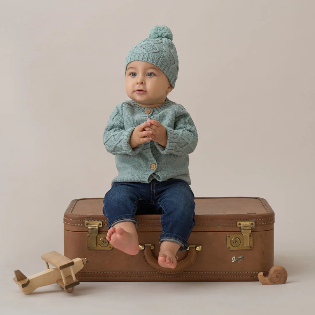 Sage Chunky Diamond Cable Cardigan & Hat Set