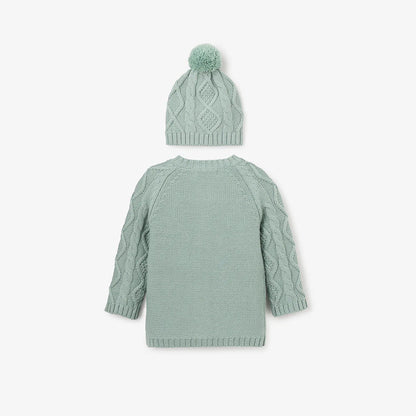 Sage Chunky Diamond Cable Cardigan & Hat Set