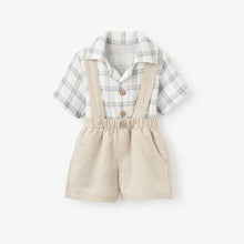Load image into Gallery viewer, Plaid Organic Muslin Top &amp; Linen Suspender Shorts