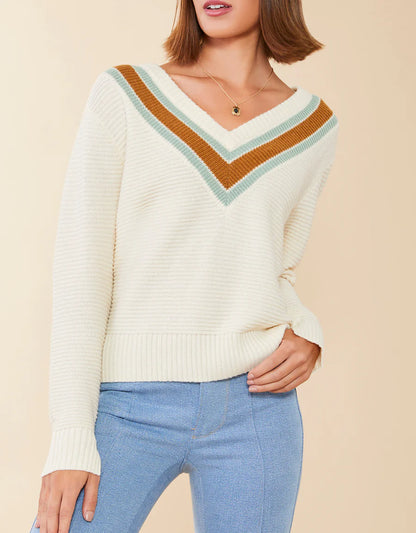 Aster V-Neck Pullover Alabaster Stripe