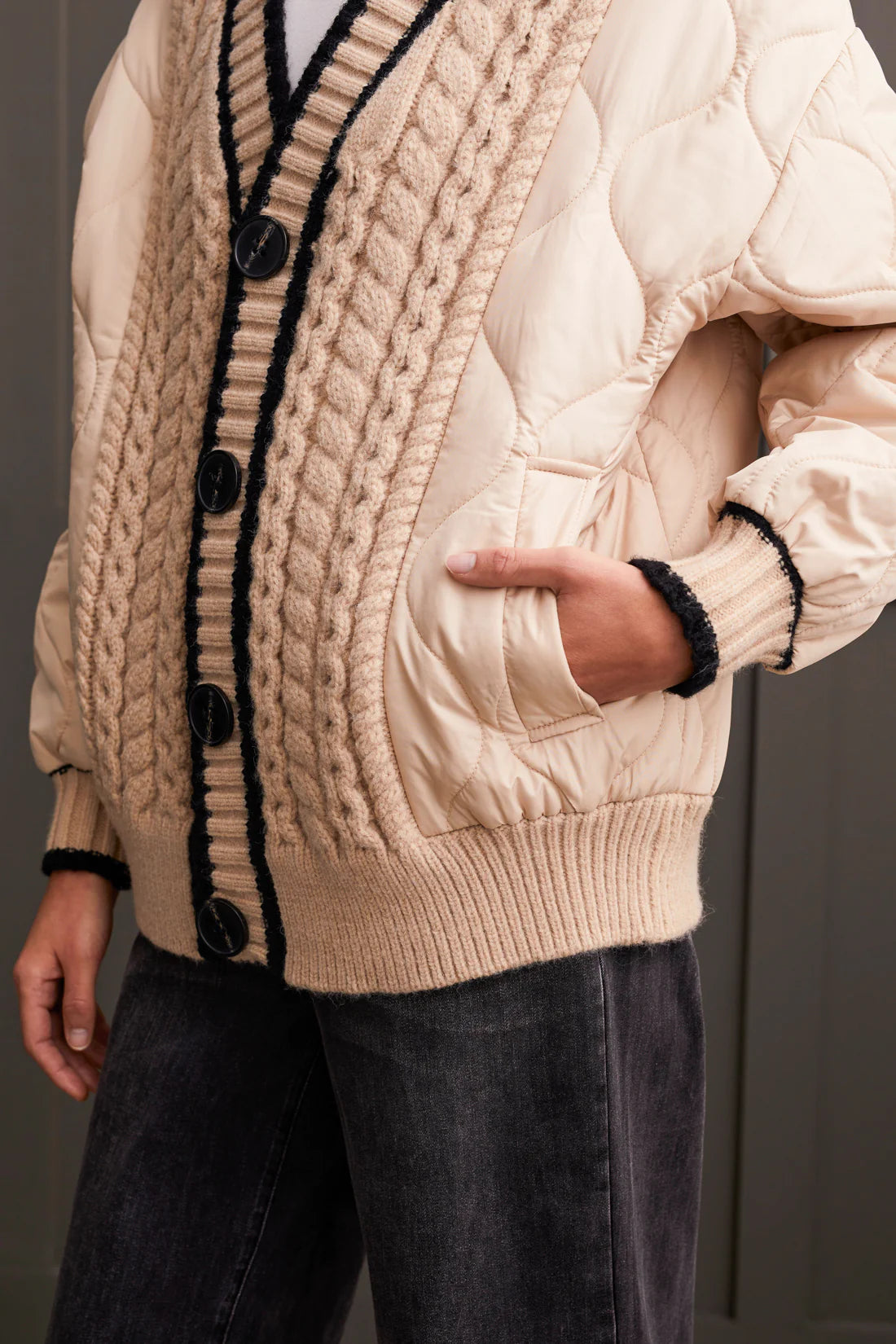 Quilted Cardigan Sweater Details Beige