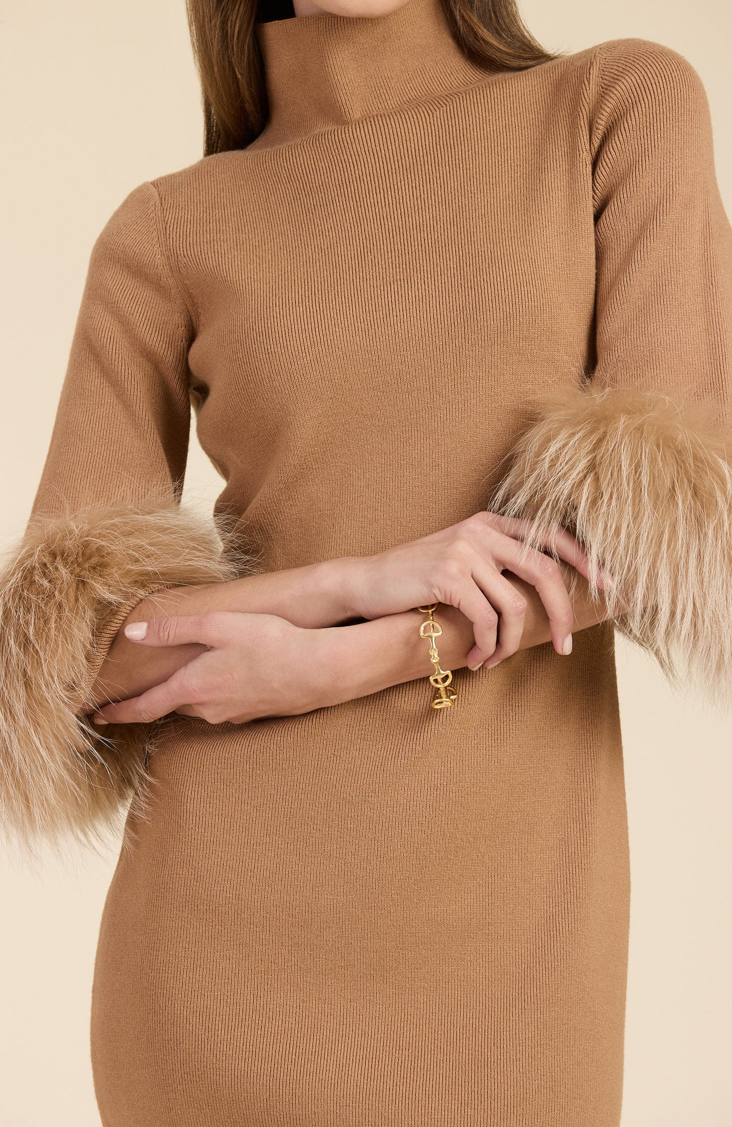 Sloane Fur Trimmed Knit Dress Camel