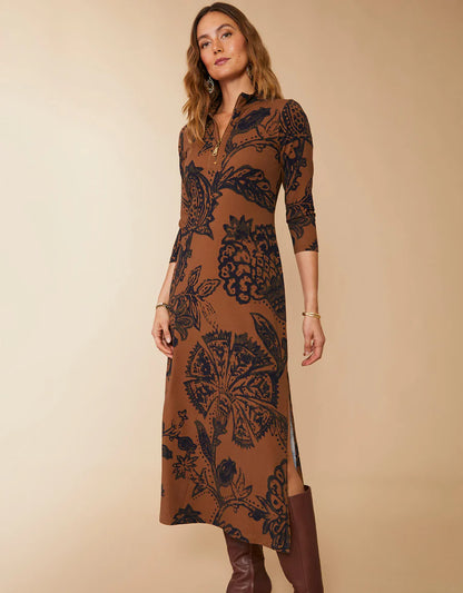 Nora Half Zip Midi Dress Botanic Garden Brown Woodblock Jacobean