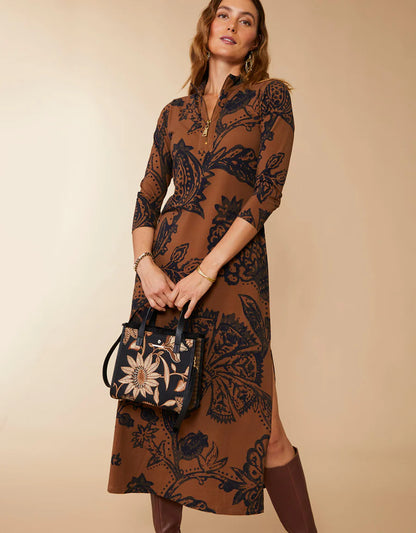 Nora Half Zip Midi Dress Botanic Garden Brown Woodblock Jacobean