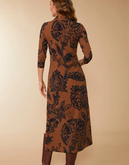 Nora Half Zip Midi Dress Botanic Garden Brown Woodblock Jacobean