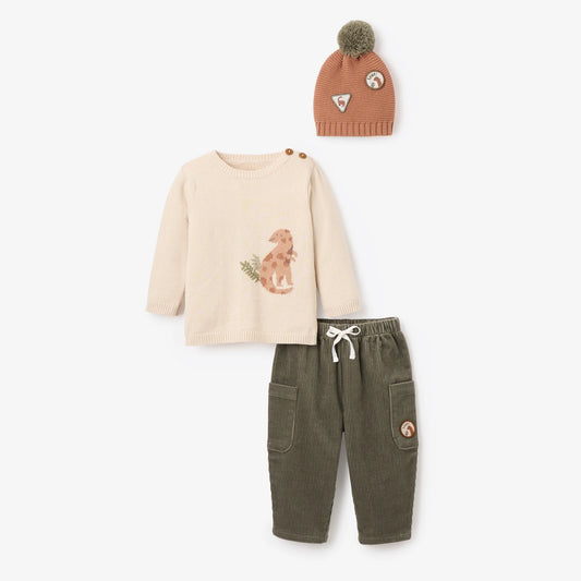 Dinosaur Sweater With Corduroy Pants & Pom Hat Set