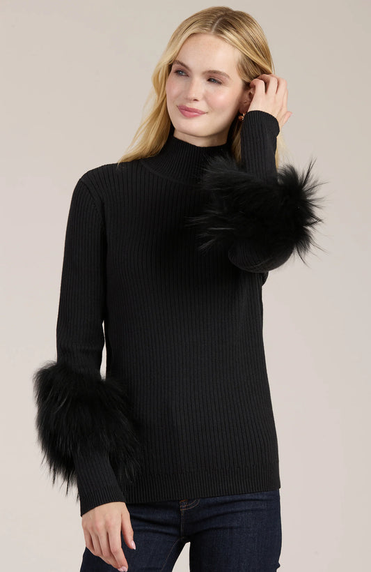 Cotton Cashmere Mock Neck Fur Sweater Black