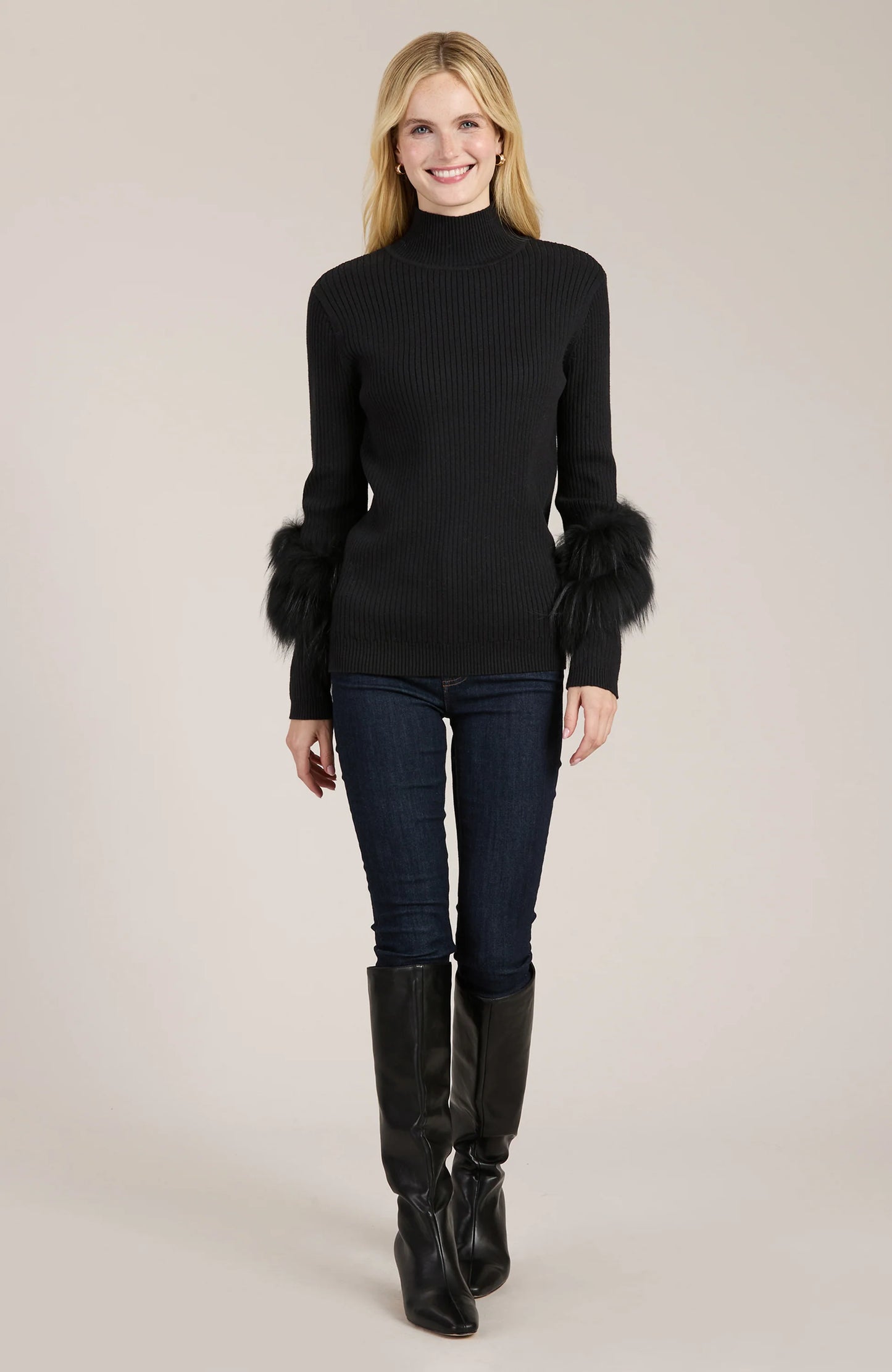 Cotton Cashmere Mock Neck Fur Sweater Black