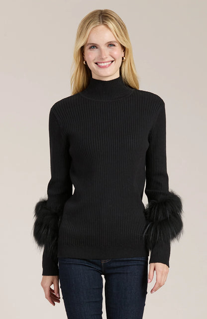 Cotton Cashmere Mock Neck Fur Sweater Black