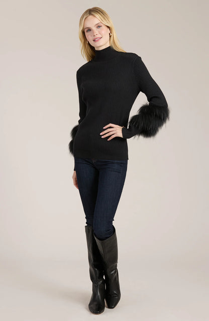 Cotton Cashmere Mock Neck Fur Sweater Black