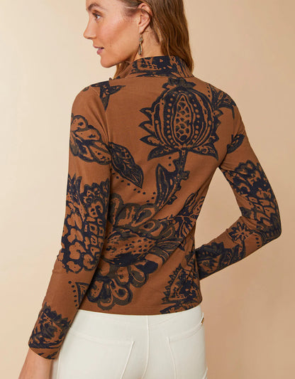 Nora Half-Zip Top Botanic Garden Brown Woodblock Jacobean