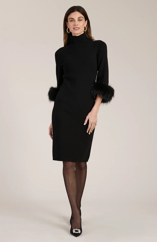 Sloane Fur Trimmed Knit Dress Black