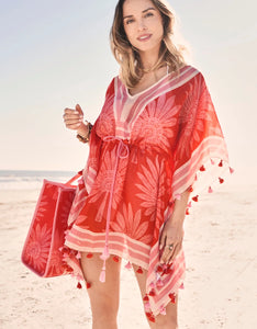 Beach Cover Up Palmetto Frond Red O/S