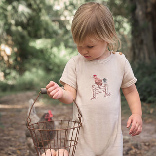 French Farm Rooster Embroidered Knit Shortall Wheat