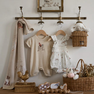 French Farm Rooster Embroidered Knit Shortall Wheat