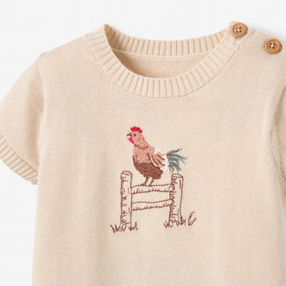 French Farm Rooster Embroidered Knit Shortall Wheat