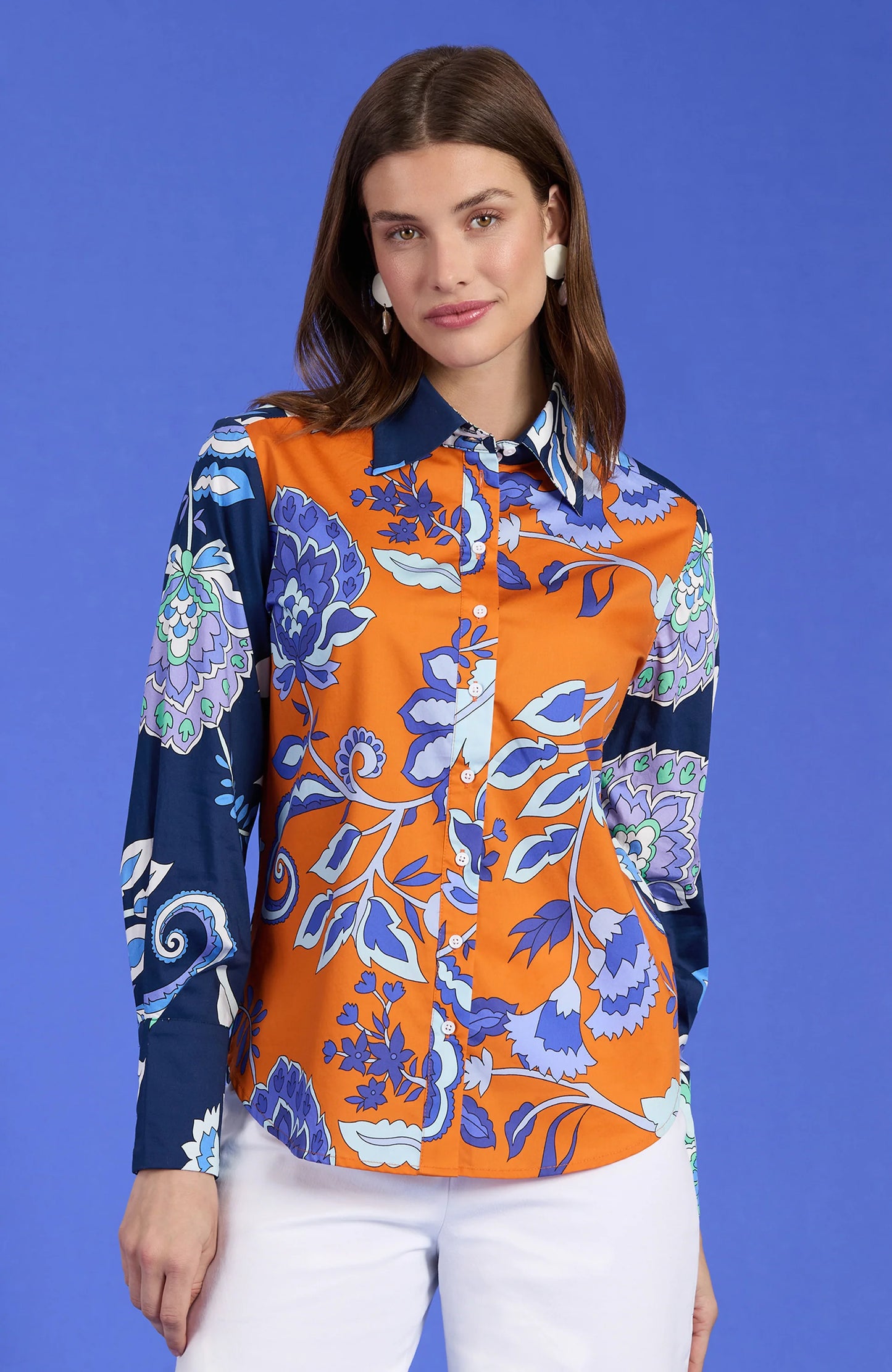 Chloe Cotton Biprint Shirt Orange Sapphire