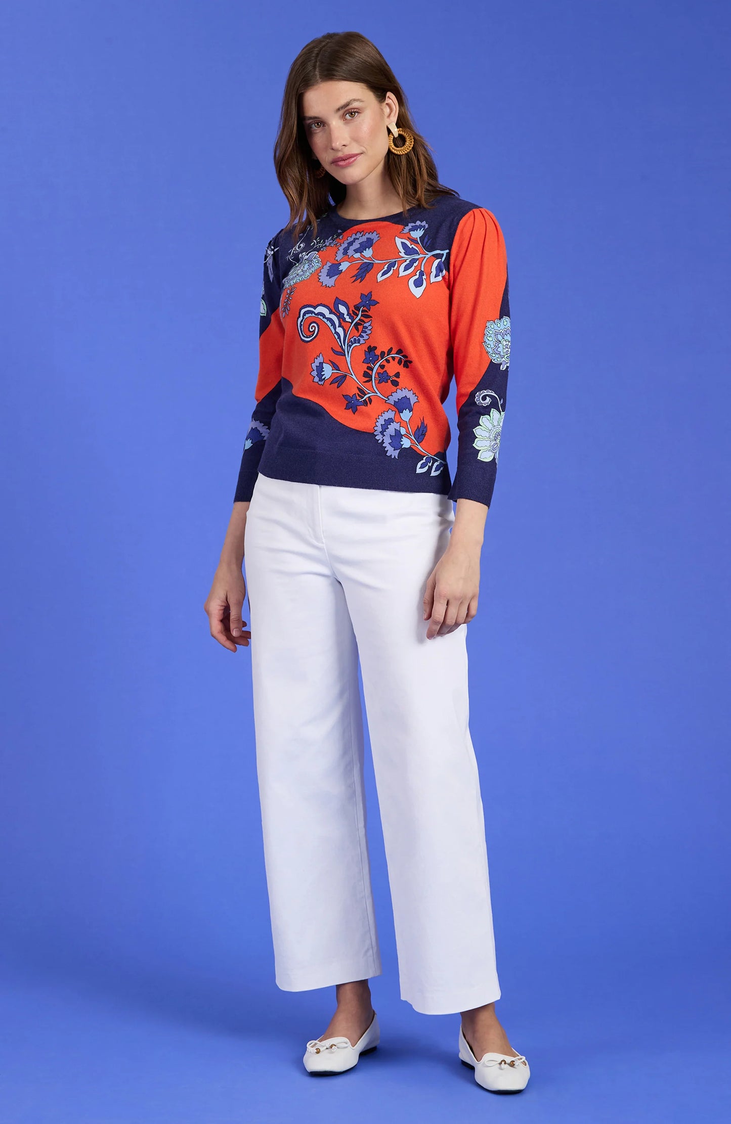 Julianne Floral Print Sweater Mandarin Orange