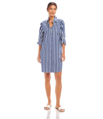 Roll Tab Navy Striped Shirtdress