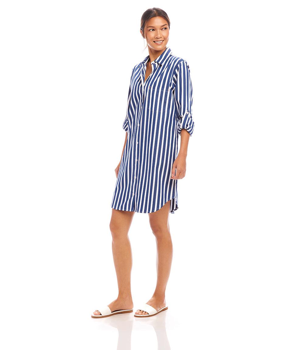 Roll Tab Navy Striped Shirtdress