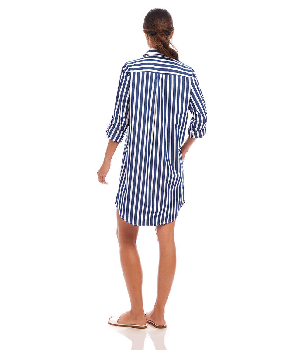 Roll Tab Navy Striped Shirtdress