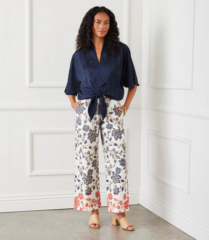 Drawstring Cropped Poplin Print Pants