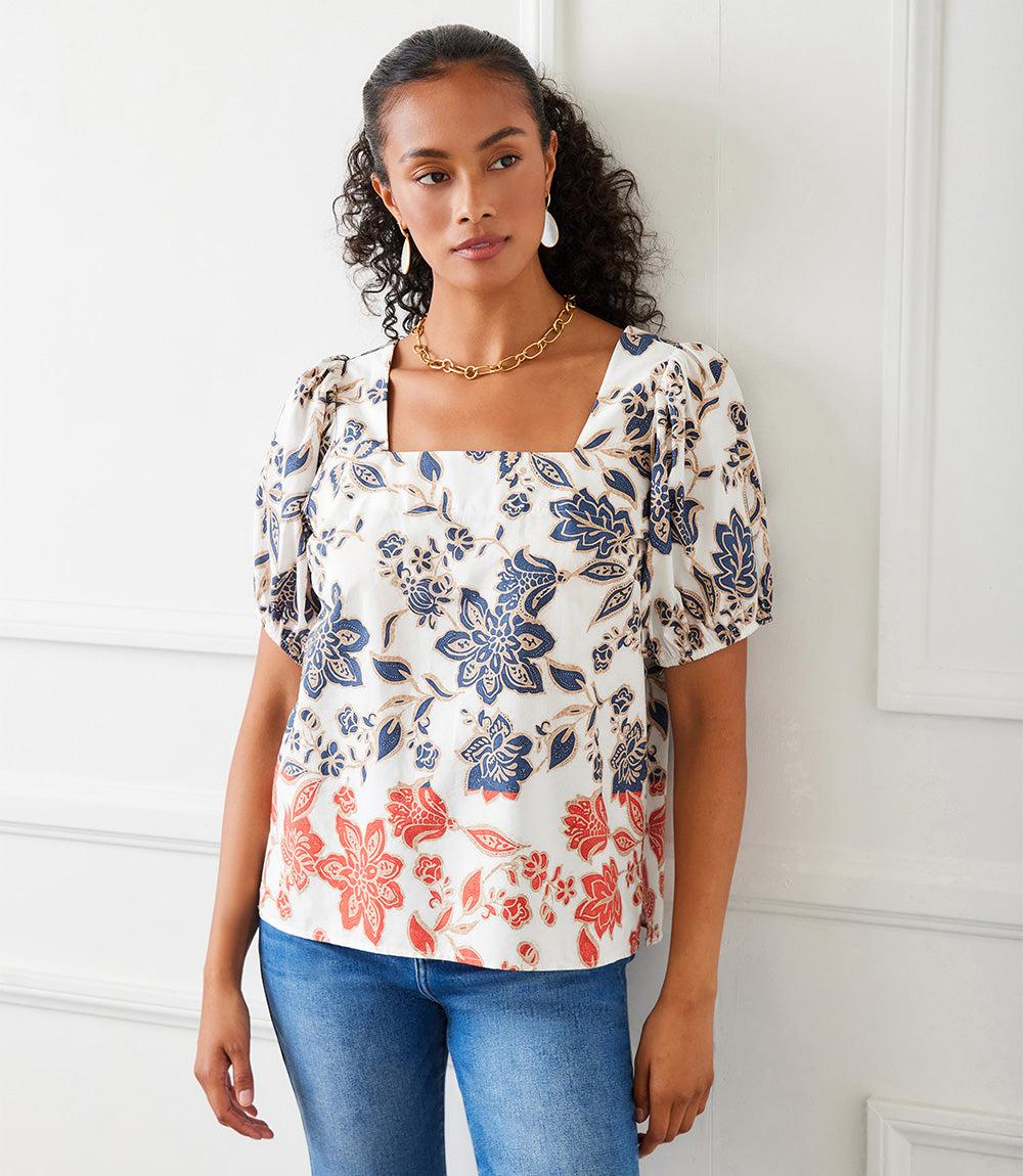 Puff Sleeve Square Neck Poplin Print Top