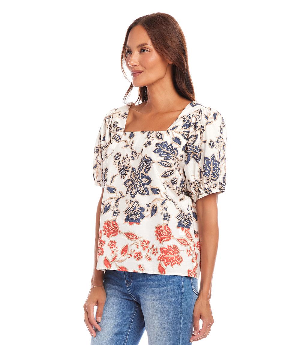 Puff Sleeve Square Neck Poplin Print Top