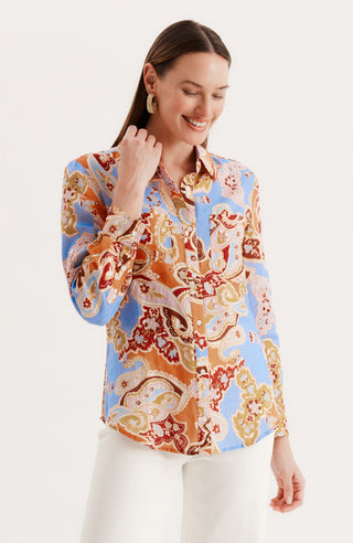Addison Linen Blouse Blue Paisley