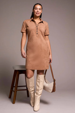 Faux Suede Short Sleeve Polo Dress