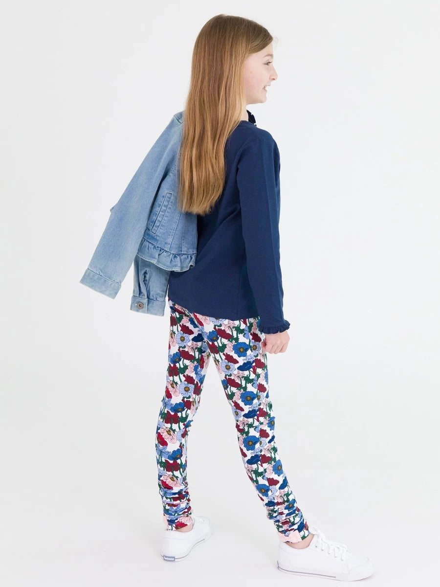 RuffleButts Poppy Petals Kids Ruched Bow Leggings