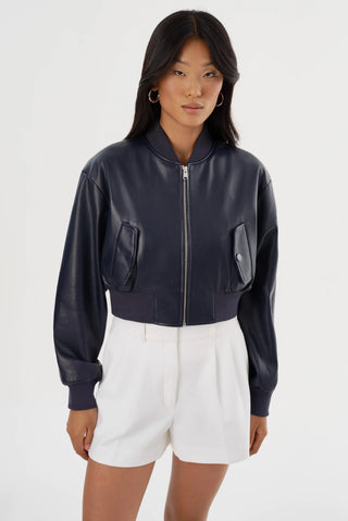 Faux Leather Cropped Bomber Jacket Midnight