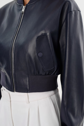 Faux Leather Cropped Bomber Jacket Midnight